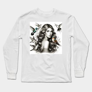 Beautiful girl curly hair surrounded by flowers and birds Long Sleeve T-Shirt